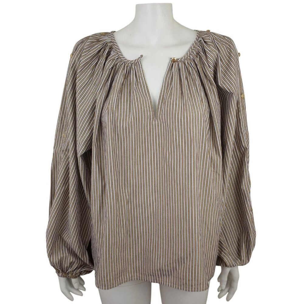 LOFT Brown White Gold Metallic Shimmer Striped Pullover Blouse